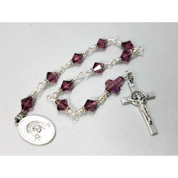 Ecce Homo One Decade Rosary Purple Swarovski Cross St. Benedict Crucifix - Picture 5 of 10